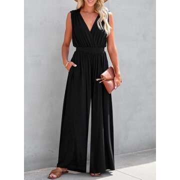Dokotoo Jumpsuit for Womens Dressy Casual Wrap V Neck Resort Wear One Piece 2025 Sleeveless Long Romper Open Back Elastic Waist with Pockets Outfits for Summer,Black X-Large