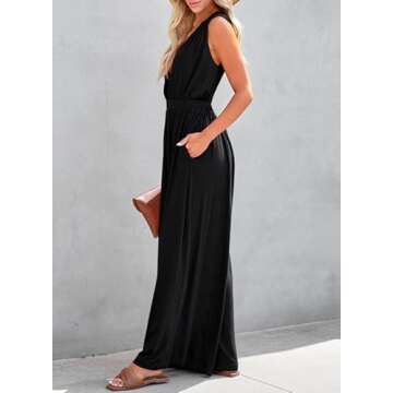 Dokotoo Jumpsuit for Womens Dressy Casual Wrap V Neck Resort Wear One Piece 2025 Sleeveless Long Romper Open Back Elastic Waist with Pockets Outfits for Summer,Black X-Large