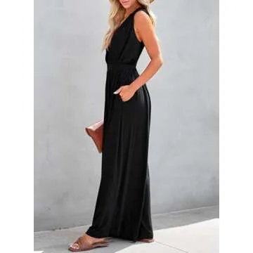 Dokotoo Jumpsuit for Womens Dressy Casual Wrap V Neck Resort Wear One Piece 2025 Sleeveless Long Romper Open Back Elastic Waist with Pockets Outfits for Summer,Black X-Large