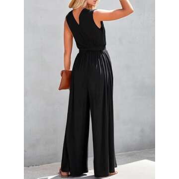 Dokotoo Jumpsuit for Womens Dressy Casual Wrap V Neck Resort Wear One Piece 2025 Sleeveless Long Romper Open Back Elastic Waist with Pockets Outfits for Summer,Black X-Large