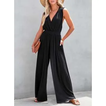 Dokotoo Jumpsuit for Womens Dressy Casual Wrap V Neck Resort Wear One Piece 2025 Sleeveless Long Romper Open Back Elastic Waist with Pockets Outfits for Summer,Black X-Large