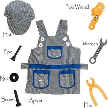 Handyman Costume for Kids and Toddlers, Pretend Play Dress Up Set with Children's Construction Tools Set, Role Play Repairman Outfit for Boys for Halloween, Birthday