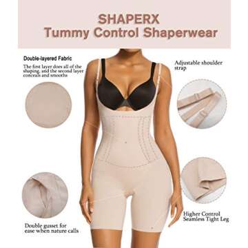 SHAPERX Shapewear for Women Tummy Control Open Bust Thigh Slimmer Body Shaper, SZ2490293-Beige-2XL