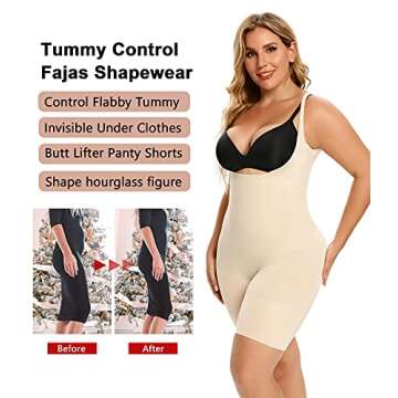 SHAPERX Shapewear for Women Tummy Control Open Bust Thigh Slimmer Body Shaper, SZ2490293-Beige-2XL