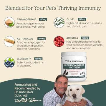 Mushroom Immune Support Pet Chews 60ct Treats for Dogs Booster Supplements Pets with Ashwagandha, Astragalus, Blueberry, Olive Leaf, Acerola Gut Health and Cats
