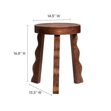 Modway Sorrel Carved Wood Round Stool in Walnut - Indoor Wooden Plant Stand with 3 Wavy Legs - Tripo...