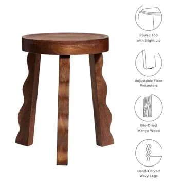 Modway Sorrel Carved Wood Round Stool in Walnut - Indoor Wooden Plant Stand with 3 Wavy Legs - Tripod Side End Table for Living Room - Decorative Display Stand for Bathroom