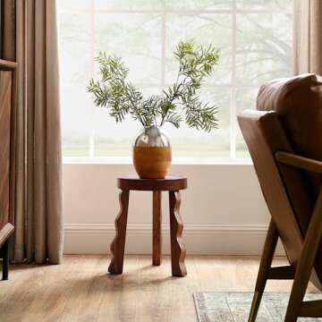 Modway Sorrel Carved Wood Round Stool in Walnut - Indoor Wooden Plant Stand with 3 Wavy Legs - Tripod Side End Table for Living Room - Decorative Display Stand for Bathroom