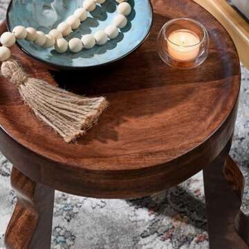 Modway Sorrel Carved Wood Round Stool in Walnut - Indoor Wooden Plant Stand with 3 Wavy Legs - Tripod Side End Table for Living Room - Decorative Display Stand for Bathroom