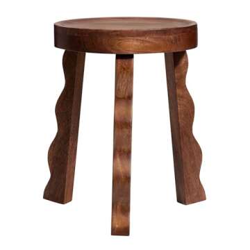 Modway Sorrel Carved Wood Round Stool in Walnut - Indoor Wooden Plant Stand with 3 Wavy Legs - Tripod Side End Table for Living Room - Decorative Display Stand for Bathroom