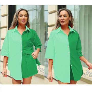 Fixmatti Women's Two Piece Colorblock Outfits Set Button Down Shirt and Shorts Set 2 Pieces Green S