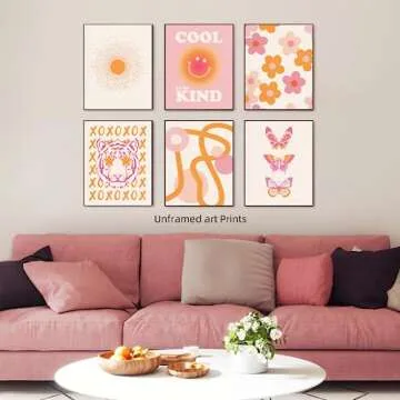 Pink and Orange Wall Art Preppy Room Decor Aesthetic Posters 70s Decor Trendy College Dorm Decoratio...