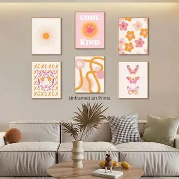 Pink and Orange Wall Art Preppy Room Decor Aesthetic Posters 70s Decor Trendy College Dorm Decorations for Teen Girls Bedroom | Pack of 6, Unframed 8x10
