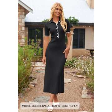 MEROKEETY Women's V Neck Ribbed Knit Maxi Dress Button Short Sleeve Slim Fit Bodycon Sweater Dress, Black, Medium