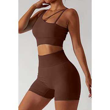 QINSEN Workout Shorts for Women High Waist,One Shoulder Seamless Running Sport Bra 2 Piece Outfits Set Coffee M