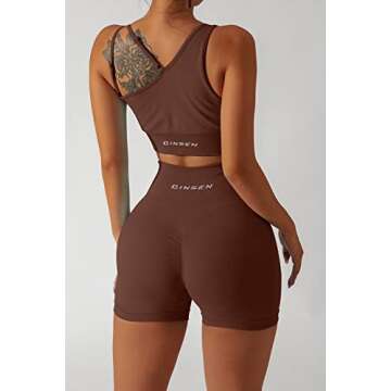 QINSEN Workout Shorts for Women High Waist,One Shoulder Seamless Running Sport Bra 2 Piece Outfits Set Coffee M