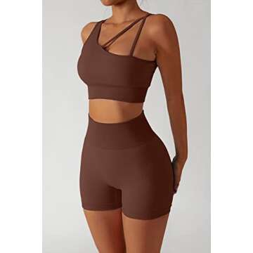 QINSEN Workout Shorts for Women High Waist,One Shoulder Seamless Running Sport Bra 2 Piece Outfits Set Coffee M