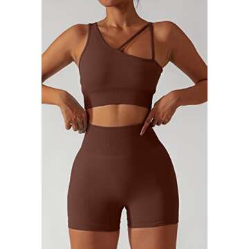 QINSEN Workout Shorts for Women High Waist,One Shoulder Seamless Running Sport Bra 2 Piece Outfits Set Coffee M