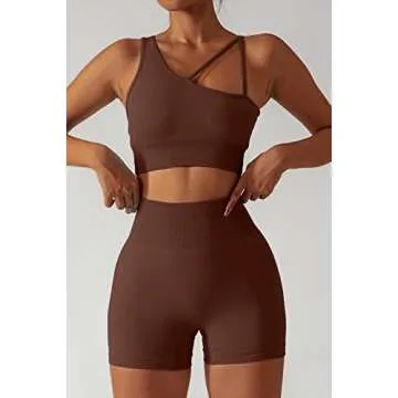 QINSEN Workout Shorts for Women High Waist,One Shoulder Seamless Running Sport Bra 2 Piece Outfits Set Coffee M