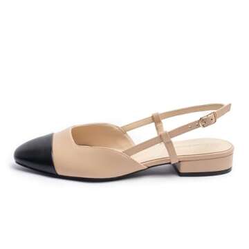 Cusolemore Slingback Flat for Women, Nude Flats for Women, Cape Toe Low Heel Dress Shoes, Two Tone Slingback Pumps for Women, Mules with Strap, Closed Toe Heel Sandals Size 9.5