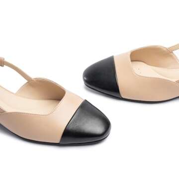 Cusolemore Slingback Flat for Women, Nude Flats for Women, Cape Toe Low Heel Dress Shoes, Two Tone Slingback Pumps for Women, Mules with Strap, Closed Toe Heel Sandals Size 9.5