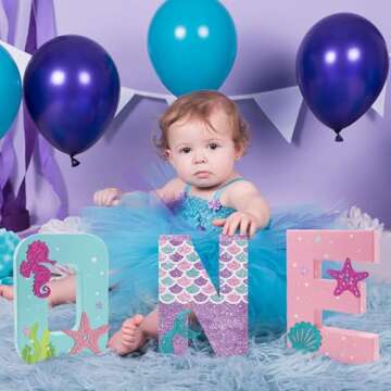 Mermaid ONE Letter Sign Little Mermaid First Birthday Decorations Cake Smash Photo Props Paper Mache Freestanding Decorative Letter Set for Under the Sea Girl Birthday Party Supplies