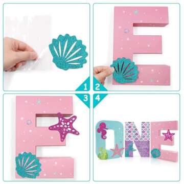 Mermaid ONE Letter Sign Little Mermaid First Birthday Decorations Cake Smash Photo Props Paper Mache Freestanding Decorative Letter Set for Under the Sea Girl Birthday Party Supplies