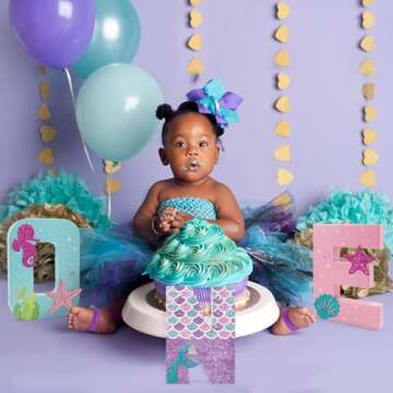 Mermaid ONE Letter Sign Little Mermaid First Birthday Decorations Cake Smash Photo Props Paper Mache Freestanding Decorative Letter Set for Under the Sea Girl Birthday Party Supplies