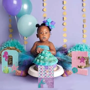 Mermaid ONE Letter Sign Little Mermaid First Birthday Decorations Cake Smash Photo Props Paper Mache Freestanding Decorative Letter Set for Under the Sea Girl Birthday Party Supplies