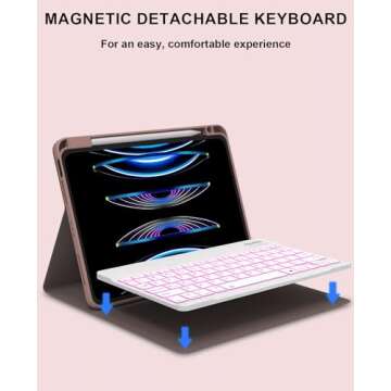 iPad Air 5th/4th Generation Keyboard Case 2022/2020, iPad Pro 11 1st/2nd/3rd 2018/2020/2021 10.9 inch Case with Keyboard & Pencil Holder, Removable 7 Colors Backlit Bluetooth Wireless Keyboard (Pink)