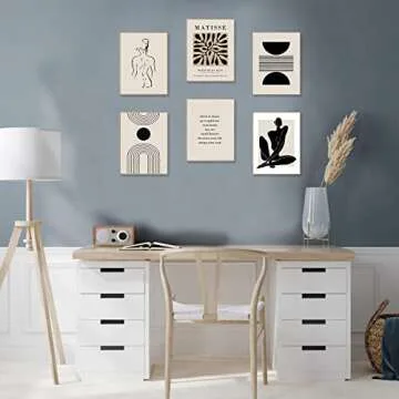 KBKBART Matisse Wall Art Prints, Abstract Matisse Wall Art Exhibition Posters, Black Beige Women Body Line Art Leaf Boho Art Prints, Living Room Wall Decor（8x10inch, Unframed