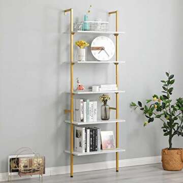 MELLCOM 5 Tier Industrial Ladder Shelf, Wood Modern Bookshelf with Golden Metal Frame, Wall-Mounted ...
