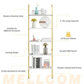 MELLCOM 5 Tier Industrial Ladder Shelf, Wood Modern Bookshelf with Golden Metal Frame, Wall-Mounted Plant Flower Storage Organizer for Living Room, Bathroom, Kitchen, Balcony