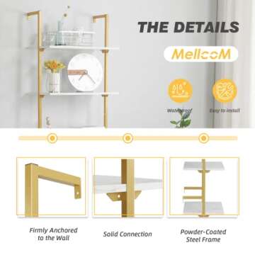 MELLCOM 5 Tier Industrial Ladder Shelf, Wood Modern Bookshelf with Golden Metal Frame, Wall-Mounted Plant Flower Storage Organizer for Living Room, Bathroom, Kitchen, Balcony