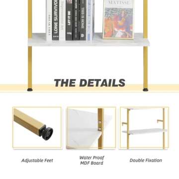 MELLCOM 5 Tier Industrial Ladder Shelf, Wood Modern Bookshelf with Golden Metal Frame, Wall-Mounted Plant Flower Storage Organizer for Living Room, Bathroom, Kitchen, Balcony