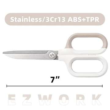 EZWORK Multipurpose Scissors, Comfort-Grip Handles Sharp Scissors for Office Home School Craft Sewing Fabric Supplies (7", White-1)