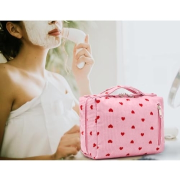 Bluboon Makeup Bag Zipper Pouch Travel Portable Cosmetic Bag Organizer for Women and Girls(Corduroy Pink Heart)