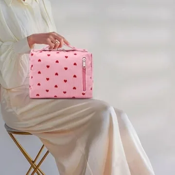 Bluboon Makeup Bag Zipper Pouch Travel Portable Cosmetic Bag Organizer for Women and Girls(Corduroy Pink Heart)