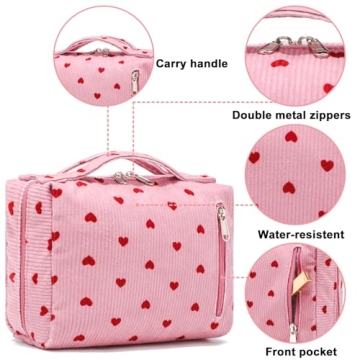 Bluboon Makeup Bag Zipper Pouch Travel Portable Cosmetic Bag Organizer for Women and Girls(Corduroy Pink Heart)