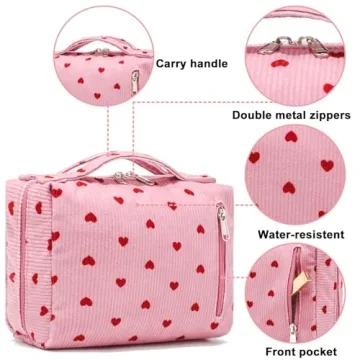 Bluboon Makeup Bag Zipper Pouch Travel Portable Cosmetic Bag Organizer for Women and Girls(Corduroy Pink Heart)