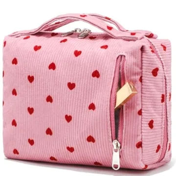 Bluboon Makeup Bag Zipper Pouch Travel Portable Cosmetic Bag Organizer for Women and Girls(Corduroy Pink Heart)