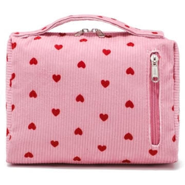 Bluboon Makeup Bag Zipper Pouch Travel Portable Cosmetic Bag Organizer for Women and Girls(Corduroy Pink Heart)
