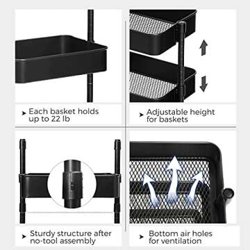 SONGMICS 3-Tier Metal Rolling Cart, Utility Cart, Kitchen Cart with Adjustable Shelves, Storage Trol...