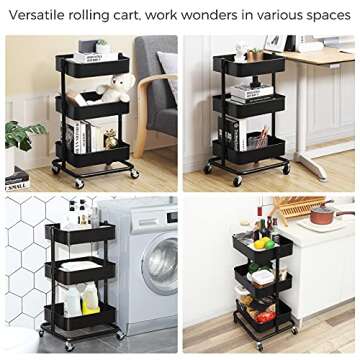 SONGMICS 3-Tier Metal Rolling Cart, Utility Cart, Kitchen Cart with Adjustable Shelves, Storage Trolley with 2 Brakes, Easy Assembly, for Kitchen, Office, Bathroom, Black UBSC60B