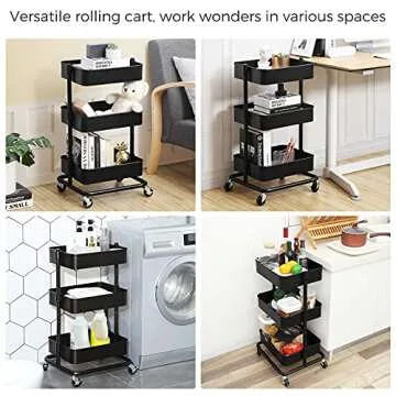 SONGMICS 3-Tier Metal Rolling Cart, Utility Cart, Kitchen Cart with Adjustable Shelves, Storage Trolley with 2 Brakes, Easy Assembly, for Kitchen, Office, Bathroom, Black UBSC60B
