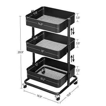 SONGMICS 3-Tier Metal Rolling Cart, Utility Cart, Kitchen Cart with Adjustable Shelves, Storage Trolley with 2 Brakes, Easy Assembly, for Kitchen, Office, Bathroom, Black UBSC60B