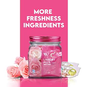 W Home 5-in-1 Laundry Pods, Total 128 Count, High Efficiency, Ultra Concentrate with Powerful Stain Lifter Technology, Fabric Softener With Rose Extracts, Detergent Pods, 32 Count/Each (Pack of 4)