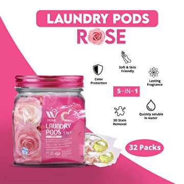 W Home 5-in-1 Laundry Pods, Total 128 Count, High Efficiency, Ultra Concentrate with Powerful Stain Lifter Technology, Fabric Softener With Rose Extracts, Detergent Pods, 32 Count/Each (Pack of 4)