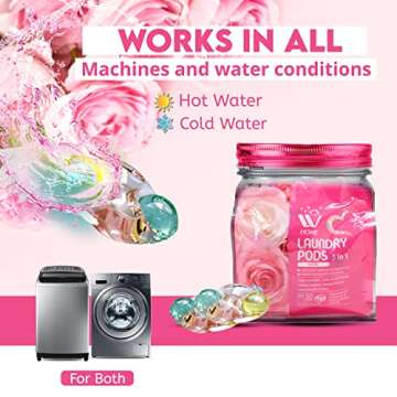 W Home 5-in-1 Laundry Pods, Total 128 Count, High Efficiency, Ultra Concentrate with Powerful Stain Lifter Technology, Fabric Softener With Rose Extracts, Detergent Pods, 32 Count/Each (Pack of 4)