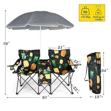 DOALBUN Double Portable Picnic Chair Folding Camping Chair W/Umbrella Table Beverage Holder Carrying Bag Cooler Fold Up Table for Patio Pool Park Outdoor Beach (Pineapple) (zc001)
